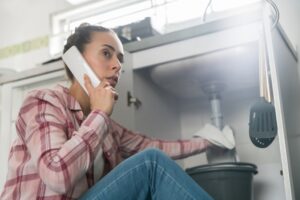 woman-calling-plumber-about-sink-leak