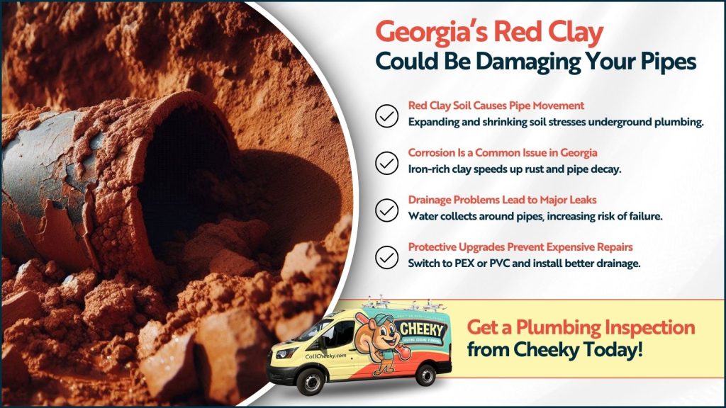 This is an image of a broken pipe in red clay. The headline rages George's red clay could be damaging your pipe.
