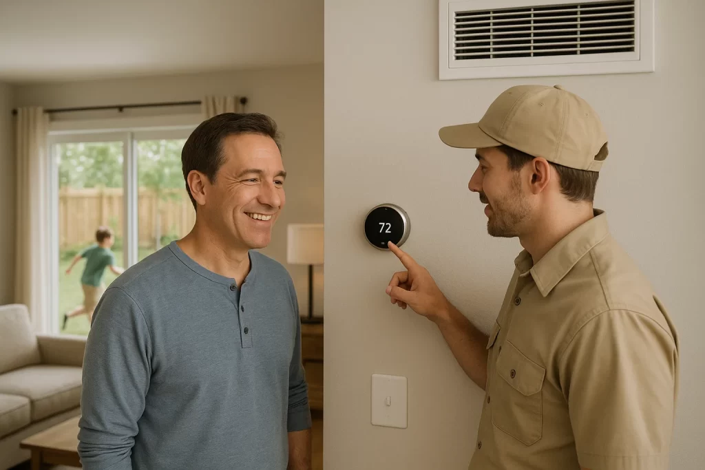 Father discussing AC tune-up benefits with technician in Cumming home.