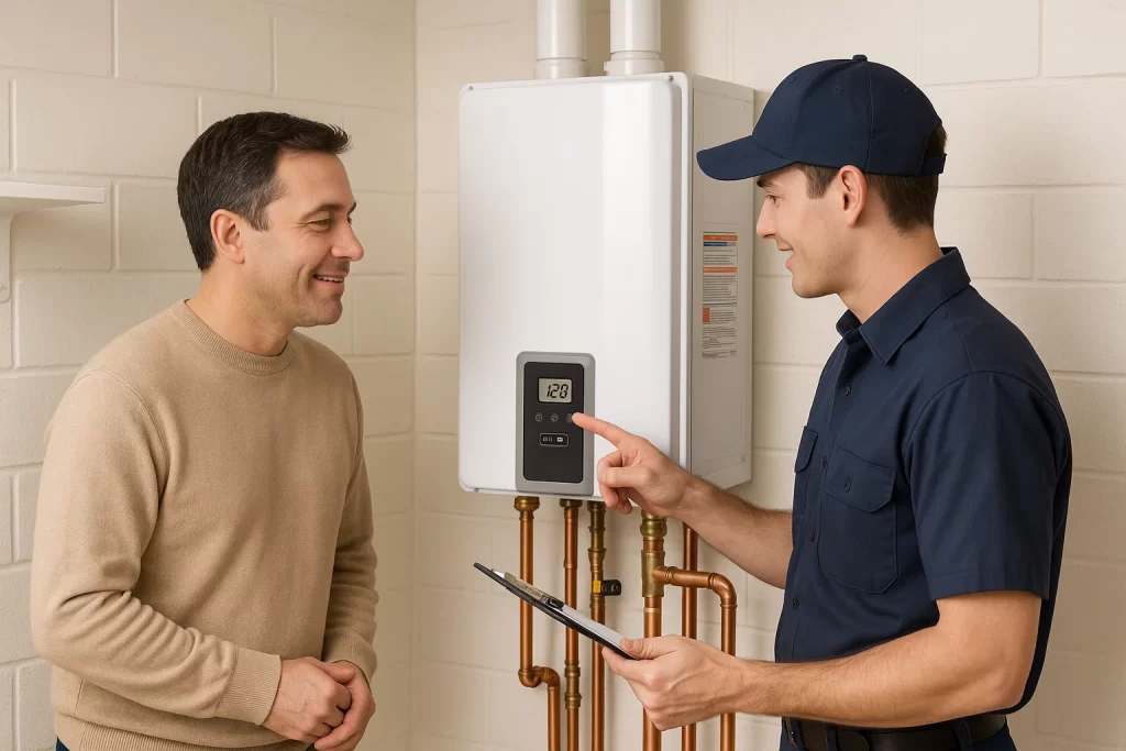 Homeowner and technician reviewing tankless water heater control panel
