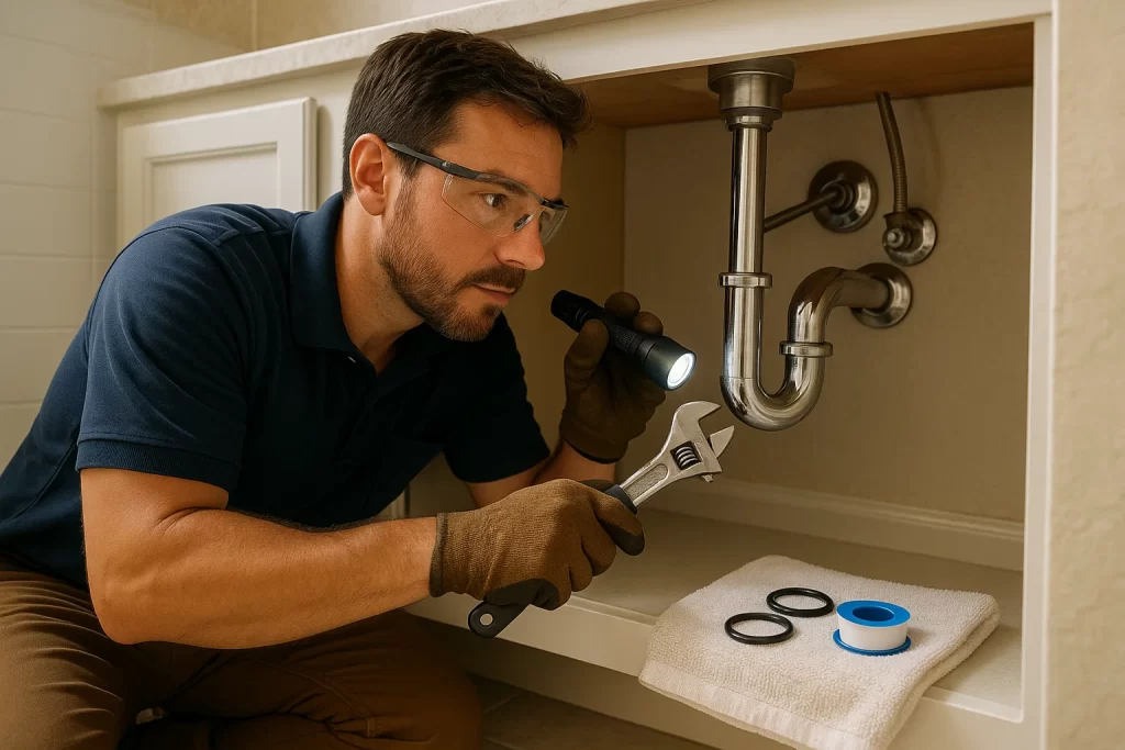 Plumber tightening a pipe joint under bathroom sink during summer maintenance