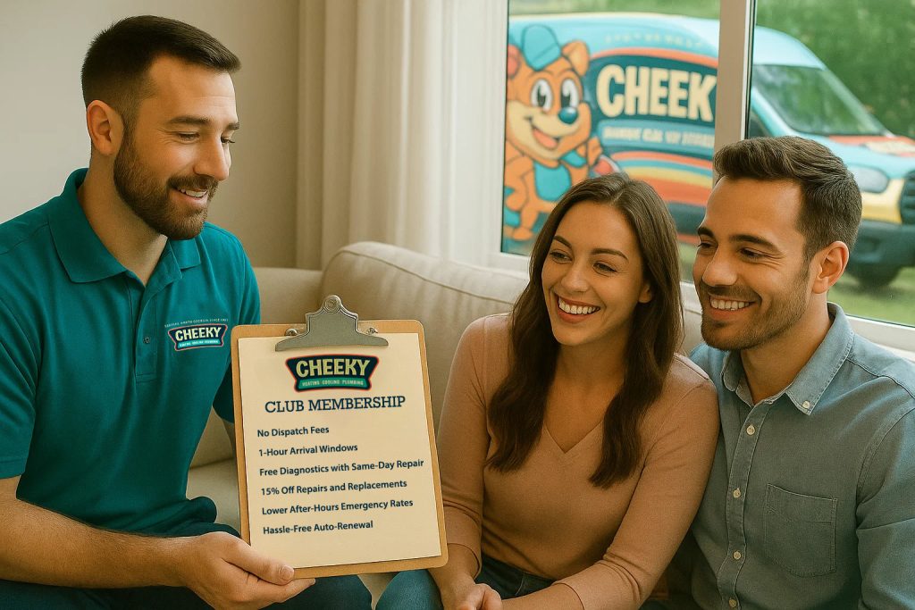 Cheeky salesperson sitting on a couch with a smiling, attractive couple in their mid-30s, showing them a clipboard with the Cheeky Club membership benefits