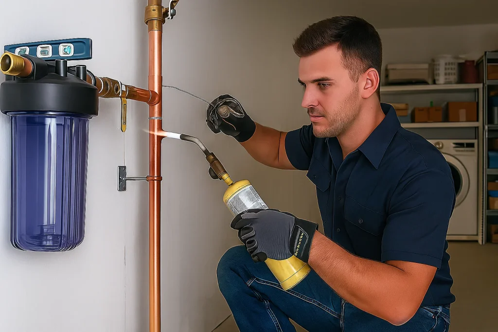 An image of a plumber, installing a sediment filter