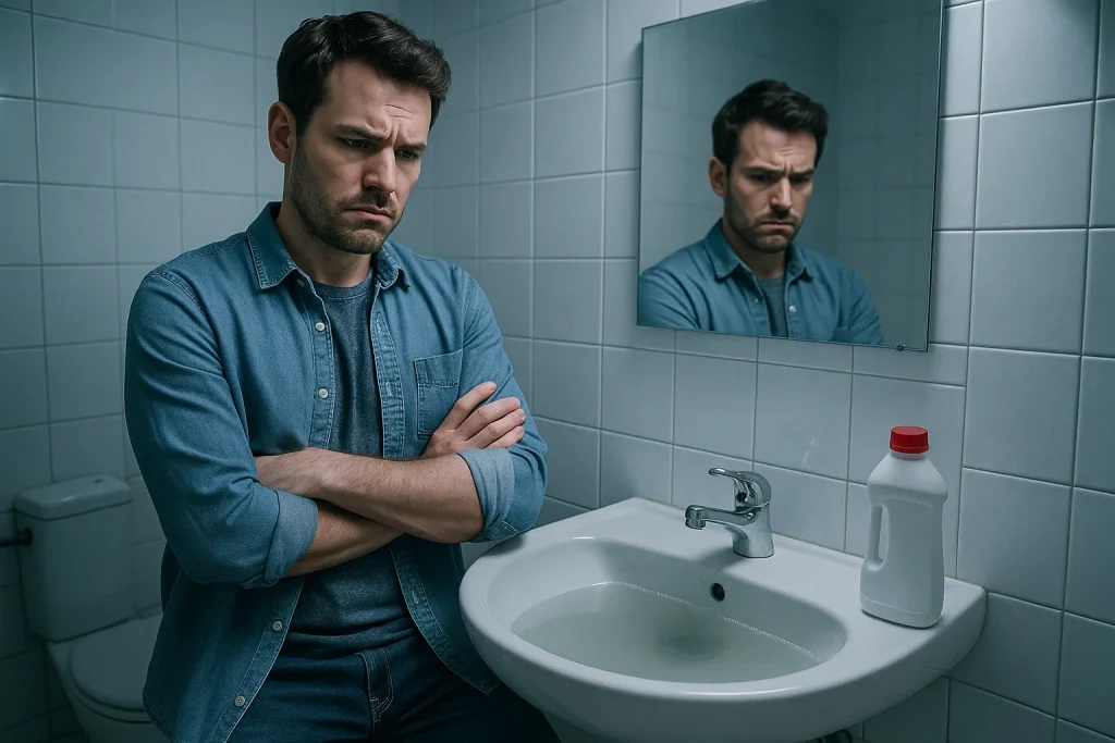 In a small bathroom, a homeowner who is male, in his mid-thirties, handsome, in nice, casual clothes, in front of a clogged sink