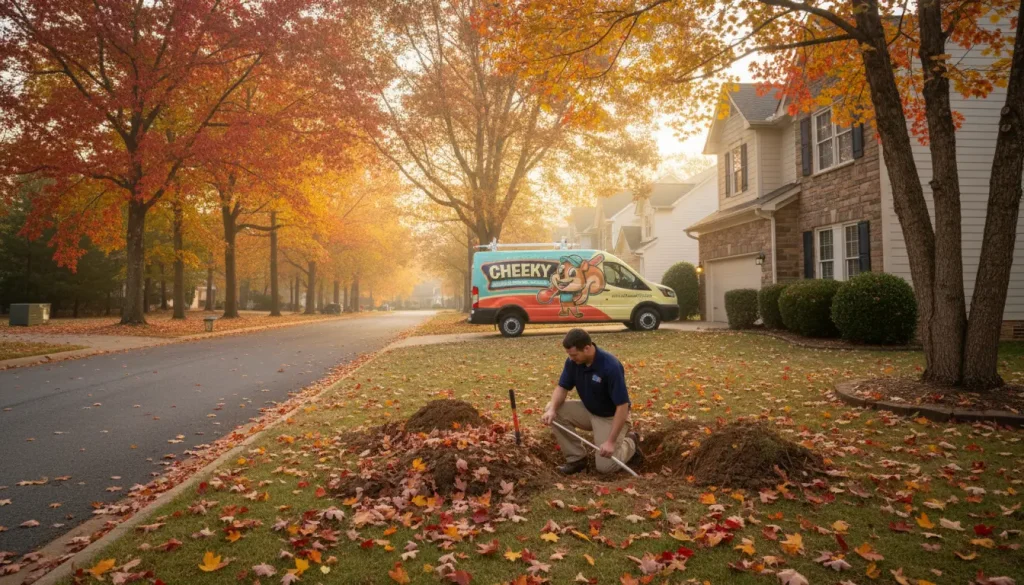 A Cheeky plumber digging through roots to fix a clogged pipe.
