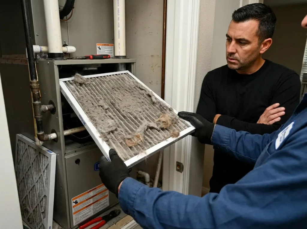 Technician installing a fresh HVAC filter while removing a dust‑clogged filter.