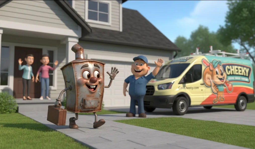 A cartoon old furnace waving goodbye to its former homeowners