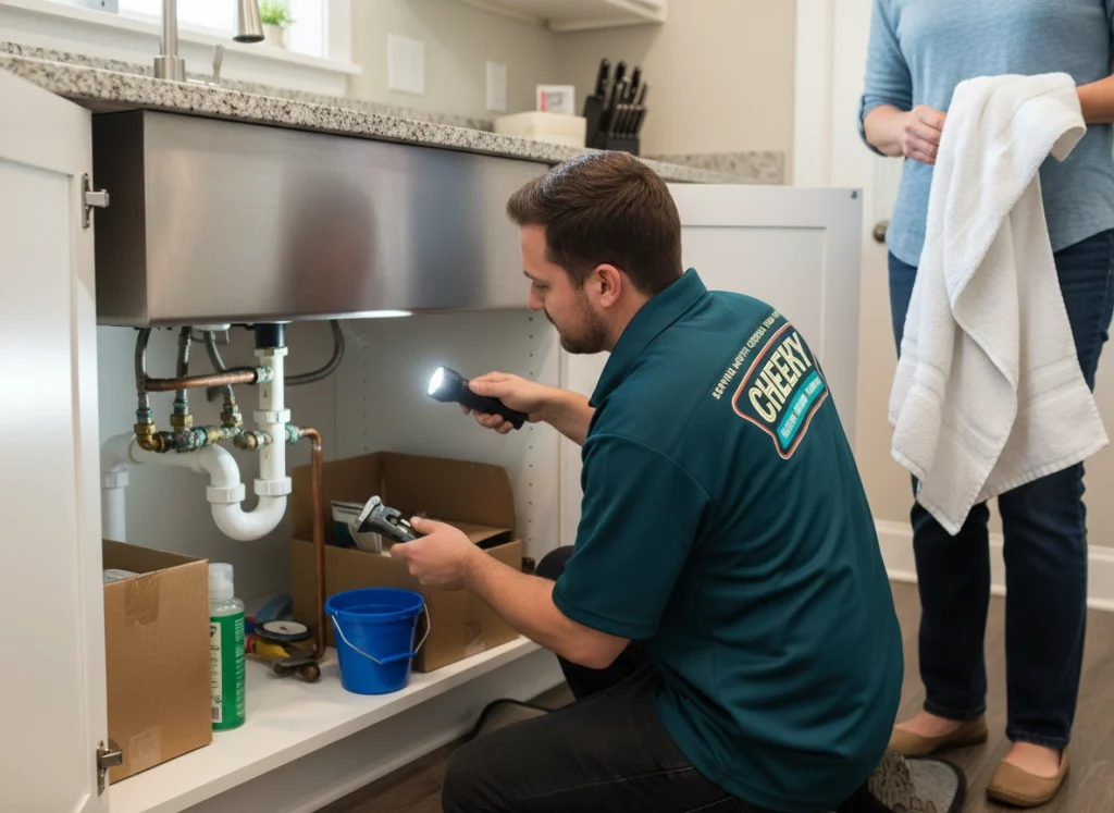 Plumbing technician inspecting corroded under‑sink pipes during a home visit.