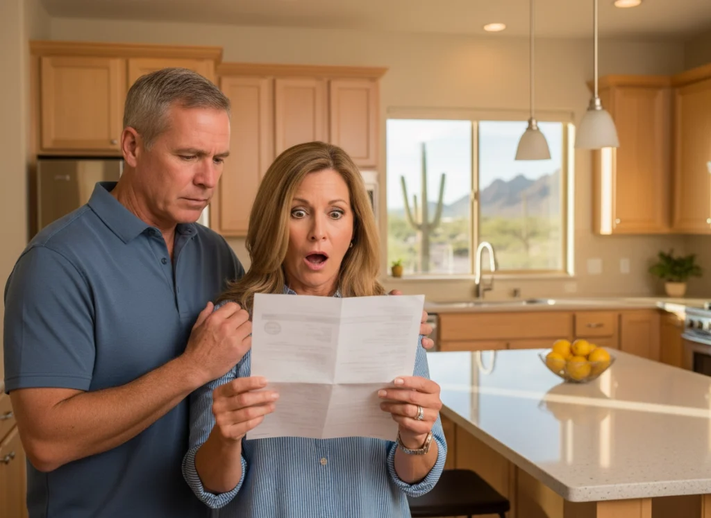 The homeowner couple standing in their kitchen, shocked by their energy bill.