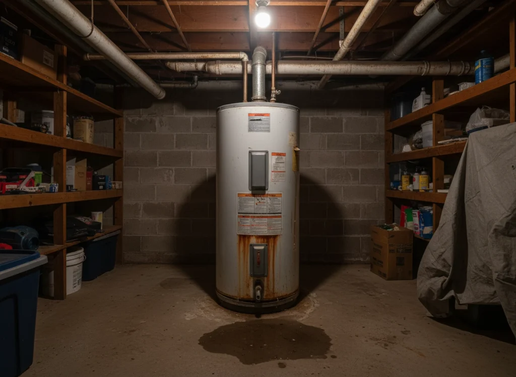 Old residential water heater in a cold basement with signs of wear and minor leaks during Forsyth County winter.