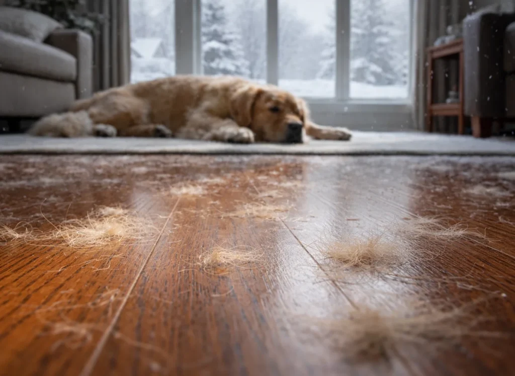 A sleeping dog and its shedding hair everywhere on the floor.