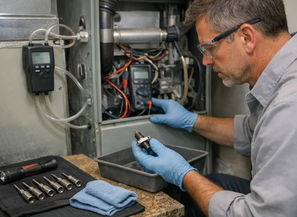 HVAC technician diagnosing an aging furnace or heat pump and explaining replacement in Cumming GA