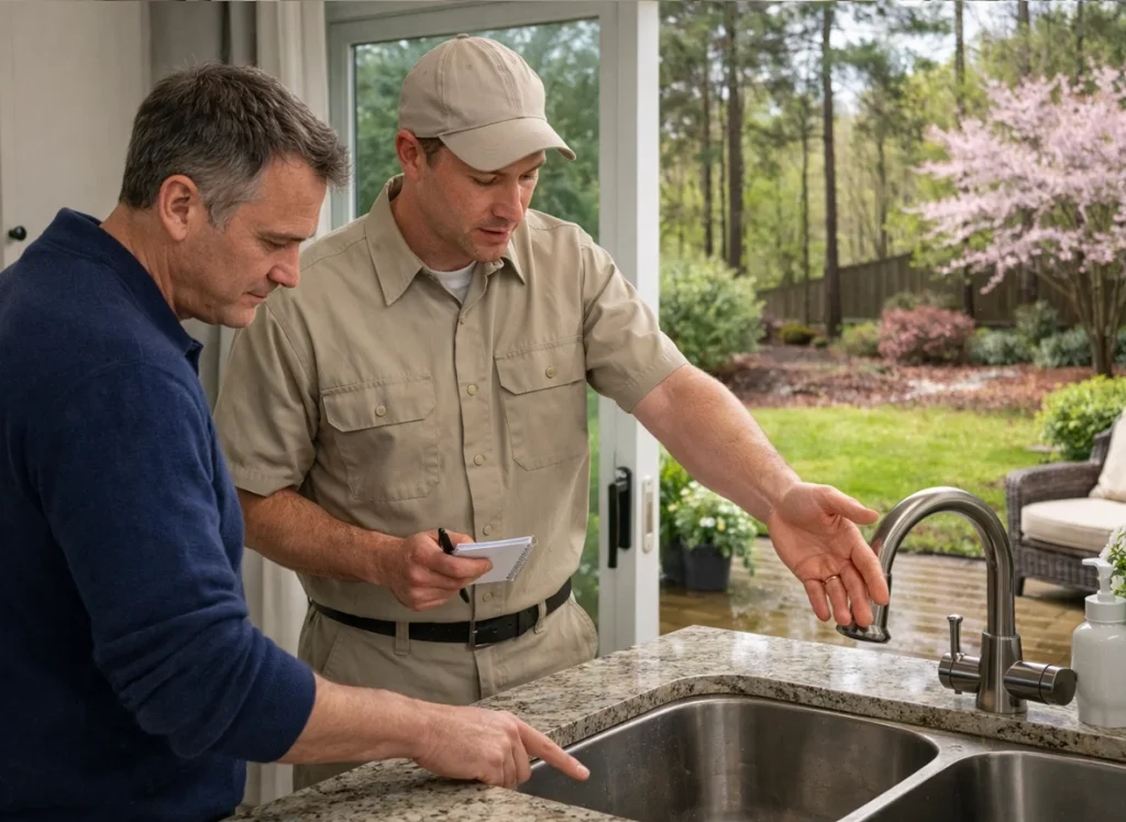 Cumming homeowner reviewing March drain cleaning with plumber