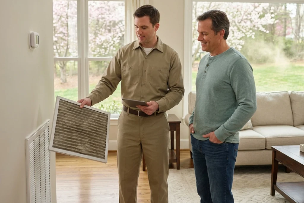 Cumming homeowner discussing dirty AC filter and spring allergens