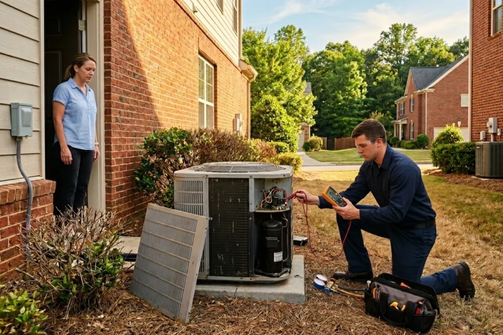 HVAC technician testing compressor during May heat spike