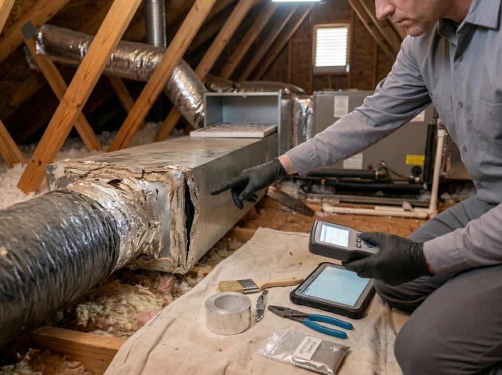 HVAC technician inspecting leaky ducts causing indoor dust