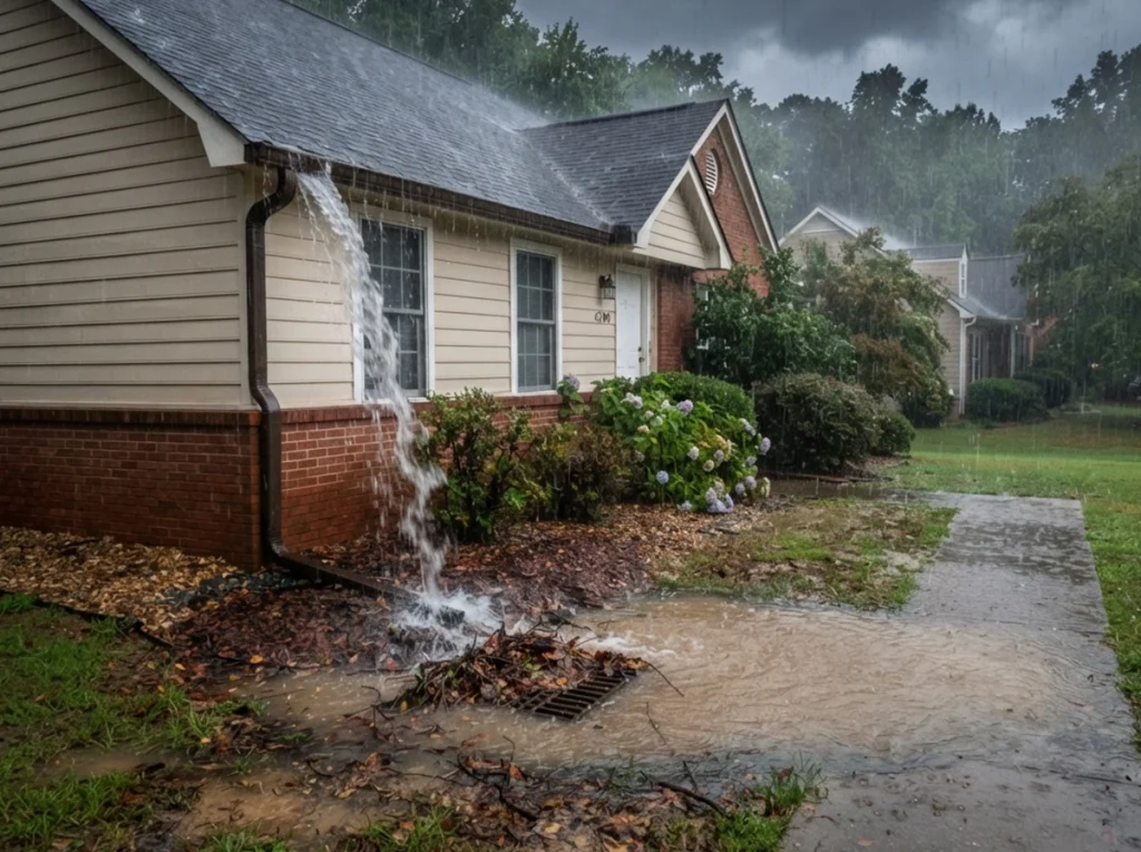 Overflowing gutters and drains during a heavy thunderstorm in Milton Georgia.