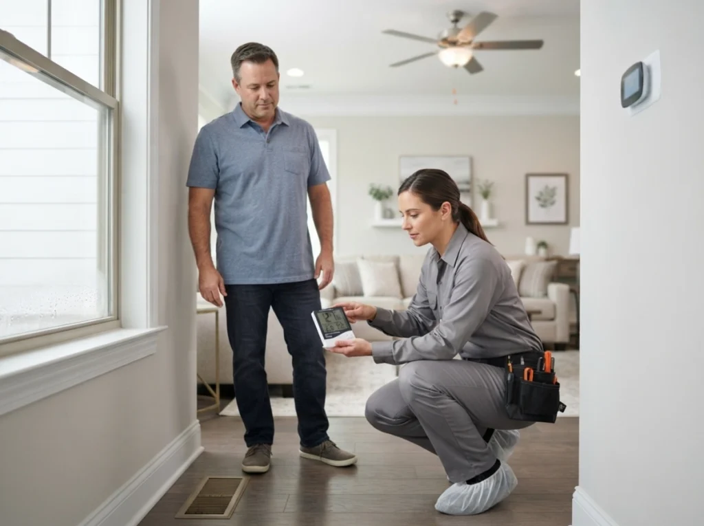 Forsyth homeowner checking indoor humidity with an HVAC technician