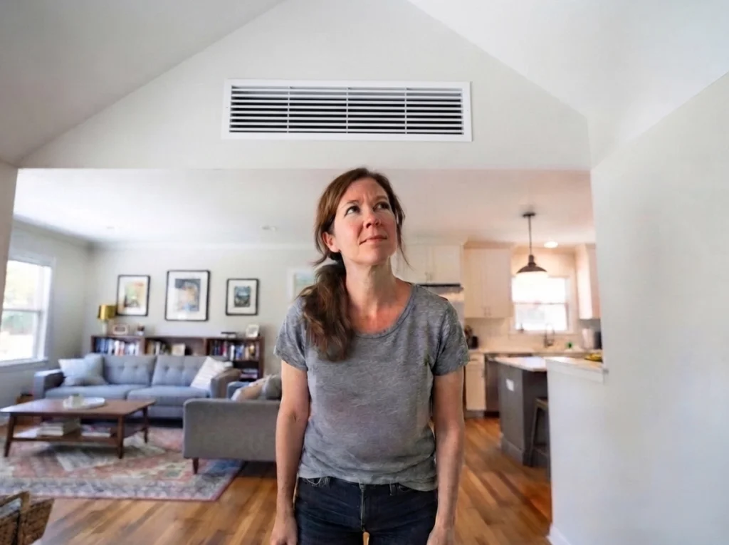 A woman trying to figure out where the musty smell is coming from in her living area.