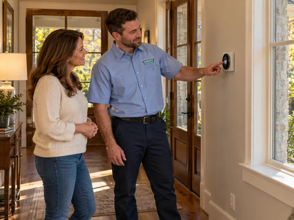North Georgia homeowner switching HVAC from cooling to heating with technician